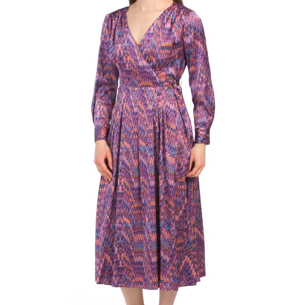 Tahari ASL V-Neck Long Sleeve Printed Satin Georgette Midi Dress,size 10, EuC